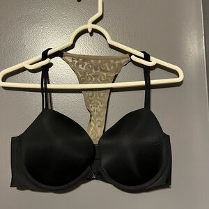Victoria's Secret Black Racerback Push Up Bra with Beige Lace Accent